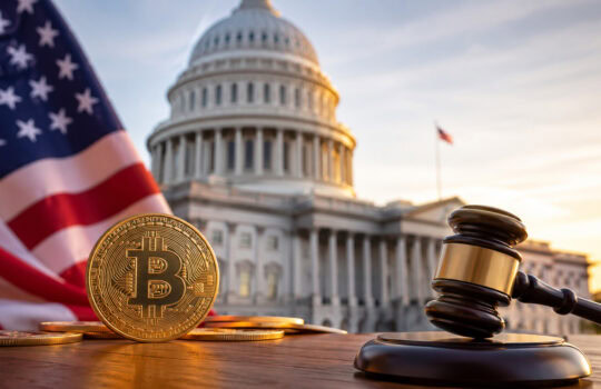 Bitcoin coin and a judge's gavel on a wooden surface with the U.S. Capitol and American flag in the background.