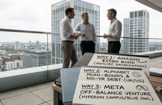 Three professionals discuss investment options on a rooftop; papers on the table list Way 1 Amazon bond, Way 2 Alphabet bonds, Way 3 Meta.