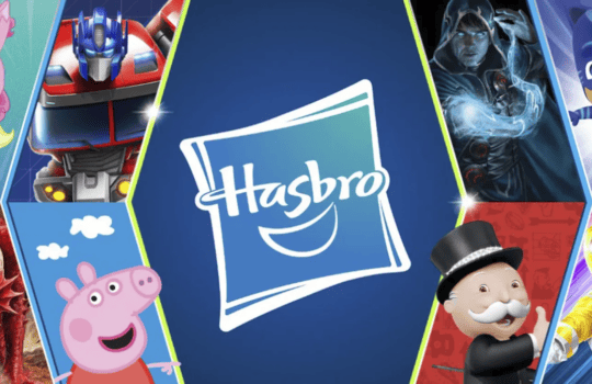 Central blue Hasbro logo framed by a colorful collage of toy characters and game art around it