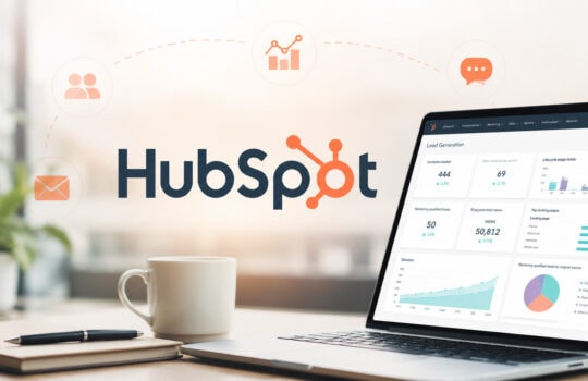 HubSpot logo on glass with a laptop showing an analytics dashboard on a desk, plus notebook and mug in foreground.