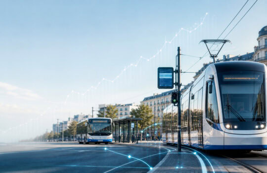 Modern tram in a city street with blue data lines suggesting smart mobility and connectivity.