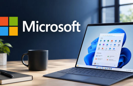 Microsoft logo on a dark wall beside a laptop displaying Windows 11 desktop, with a mug, notebook, and plant on a wooden desk