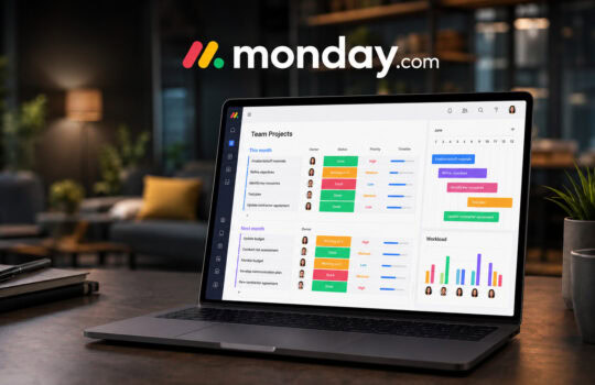 Laptop on a desk showing a Monday.com project dashboard with team tasks, owners, status, and timelines in a modern office setting, blurred background.
