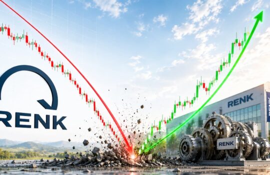 RENK logo and factory with a red downtrend line reversing into a green uptrend, visible gears on the ground—symbolizing a turnaround for the company.