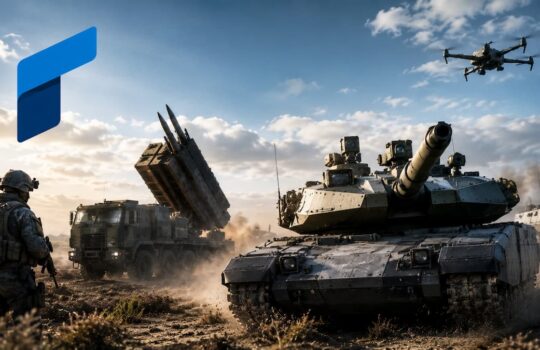 Battlefield scene with a main battle tank in the foreground, armored vehicles, a soldier watching nearby, and a drone flying overhead amid dusty terrain and clouds.