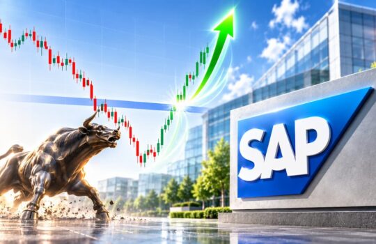 Bull statue charging as a stock chart with an upward green arrow rises beside a SAP sign, conveying strong market growth for SAP