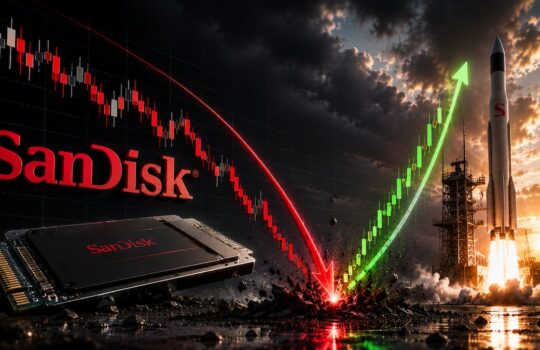 SanDisk SSD with a red downward trend and a green upward line converging toward a rocket launch, symbolizing growth.] ,