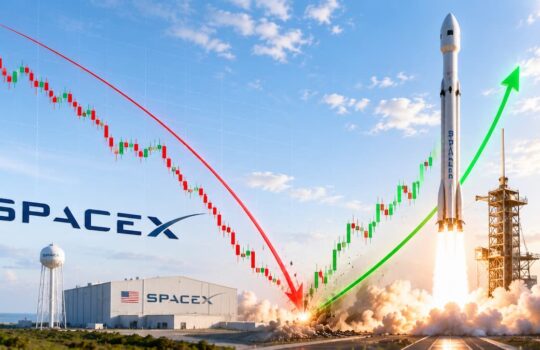 SpaceX rocket launch with a green upward-trending line and a red downward stock chart arc in the sky, symbolizing market recovery after a drop.
