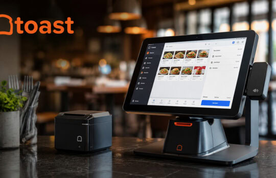Restaurant checkout station with a large touchscreen POS displaying menu items; orange Toast logo on the wall.