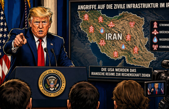 A political figure at a podium pointing toward reporters, with a large map of Iran and infrastructure icons in the briefing room.