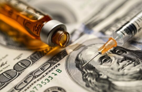 Syringe and medicine vial resting on hundred-dollar bills, highlighting the link between medicine and cost.