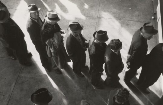 grayscale photography of people in line