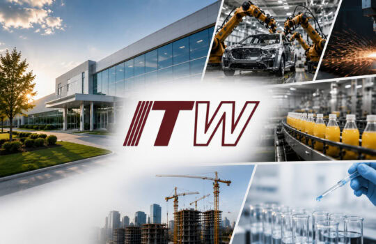 TVW corporate collage: campus building surrounded by framed images of manufacturing robots, laser cutting, beverage bottling, construction cranes, and a lab scene.