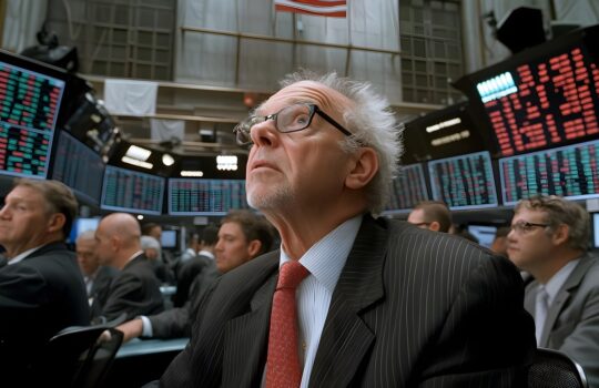 Man in a pinstripe suit and red tie gazes upward on a crowded stock exchange trading floor with multiple monitors displaying market data behind him, conveying focus and urgency on the trading floor.