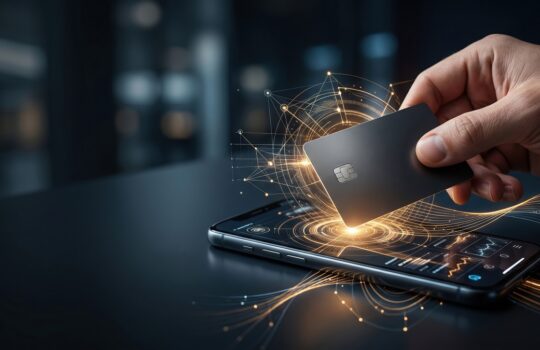 Hand holding a card near a smartphone with glowing holographic rings suggesting a contactless payment