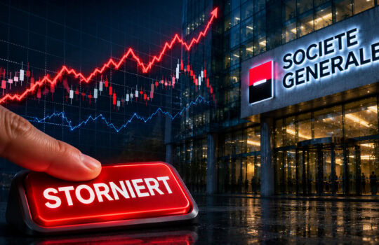 Finger presses a red 'STORNIERT' button in the foreground with a bank and stock charts behind, suggesting halted trading at a financial institution.