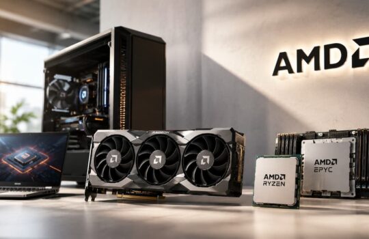 AMD graphics card with three fans on a desk, paired with Ryzen and EPYC CPUs and a laptop nearby in a workstation setup
