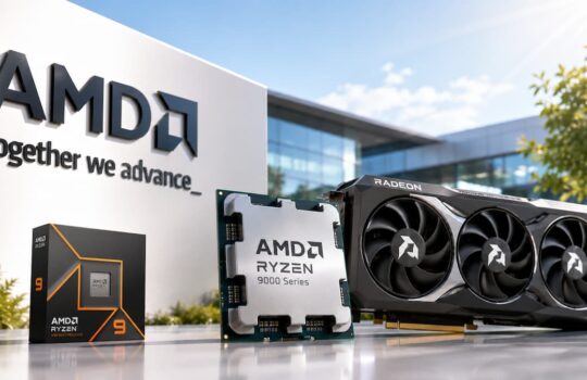 AMD marketing display outdoors with logo, showing a triple‑fan Radeon graphics card, a Ryzen 9000 series CPU card, and a Ryzen 9 box.