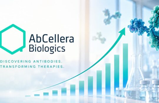 AbCellera Biologics logo with a rising bar chart and antibody-model graphic, symbolizing growth in biotech research.