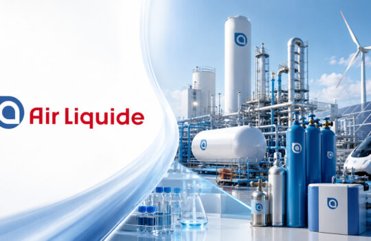 Air Liquide wordmark on left with industrial gas plant and wind turbine in background.
