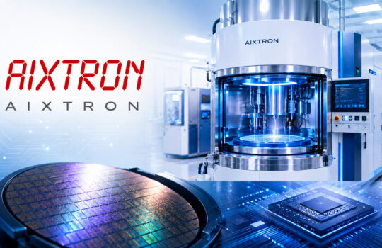 AIXTRON wafer fabrication machine with a circular wafer stage glowing blue in a cleanroom environment, high-tech equipment in the background.