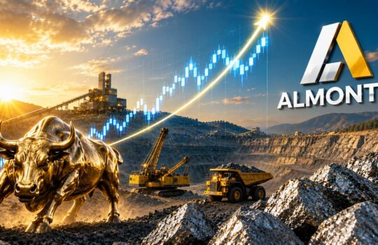 Golden bull statue at an open-pit mine with heavy machinery and a rising stock chart, alongside the Almonty logo.