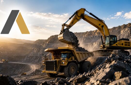 Excavator loads rock into a yellow dump truck at a quarry during sunset; logo overlay on the left.