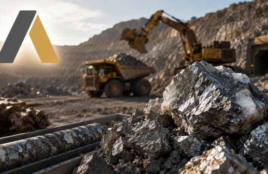 Logo overlaying a quarry scene with heavy machinery—excavator loading rock into a dump truck near a rocky open pit at sunset.