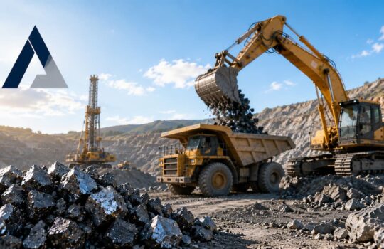 Excavator loads rocks into a large dump truck at a quarry under a blue sky, with a pile of jagged stones in the foreground and a logo in the upper left corner.