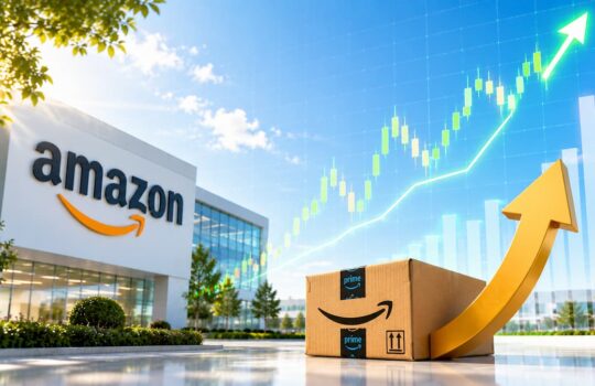 Amazon building with a Prime box and a rising upward arrow illustrating growth and success