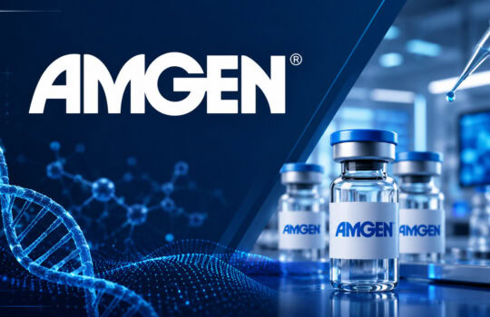 Amgen banner with white logo, glass vials, and a dropper in a high-tech lab environment.