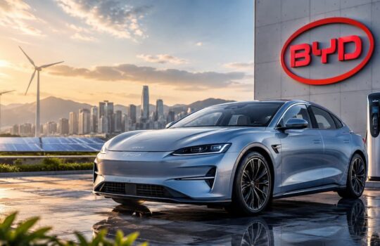 Silver BYD electric sedan parked at a BYD dealership with a city skyline and wind turbines in the background at sunset.