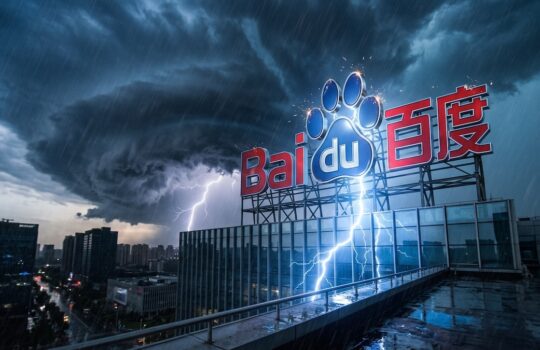 Baidu logo on a rooftop sign during a thunderstorm with lightning striking the building's roof.