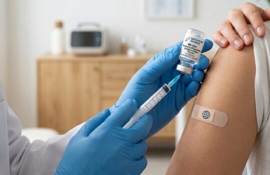 Healthcare professional with blue gloves injects a vaccine into a patient's upper arm, vial and syringe visible on the counter behind.