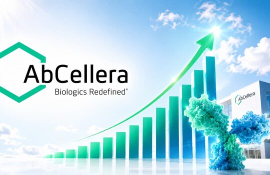 AbCellera logo with a rising green bar chart and upward arrow against a bright sky.