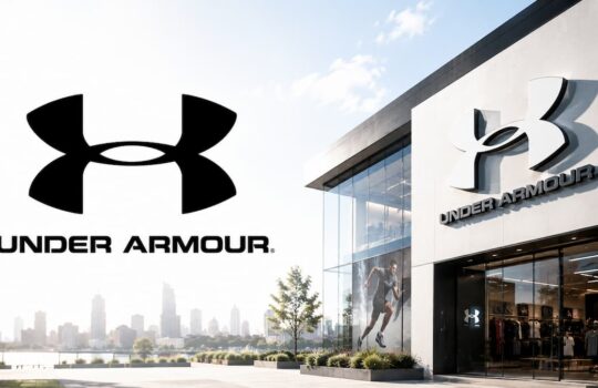 Large Under Armour logo on the left with a glass-front store and 'Under Armour' sign on the right, set against a city skyline.