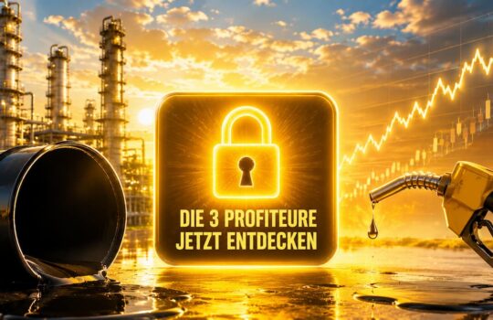 Glowing padlock icon with German call-to-action on an oil refinery backdrop, suggesting security or investment promotion.