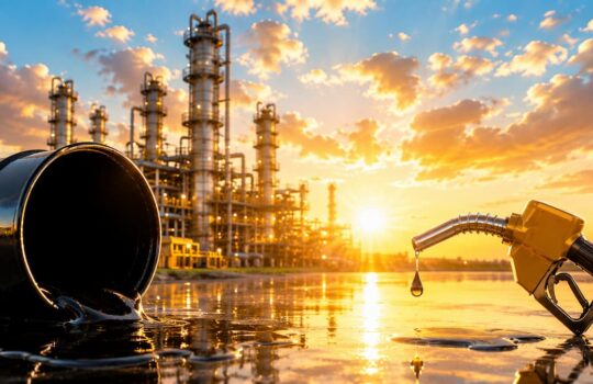 Sunset over an oil refinery with a dripping fuel nozzle and spilled oil in the foreground, highlighting industrial activity and waste.
