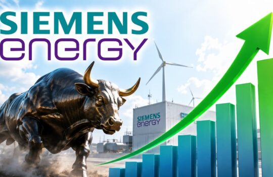 Bull statue in front of a Siemens Energy facility with a rising green arrow and bar chart showing growth.
