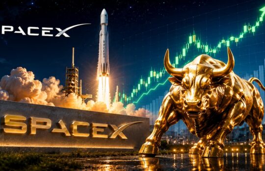 Golden bull statue beside a SpaceX sign, a rocket launch, and a rising stock chart signaling a bullish market.