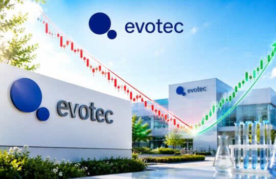 Evotec office campus with logo on a sign and an upward-trending financial chart overlaid in the sky, signaling growth and success. (informative)