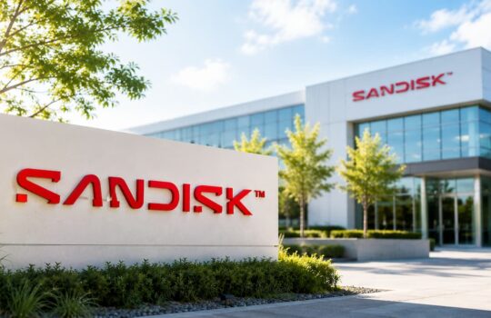 Sandisk company sign in the foreground with a modern office building and trees in the background under a clear sky