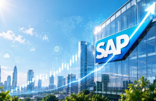 SAP-branded glass office with a blue upward arrow and rising stock chart, symbolizing business growth.