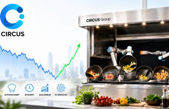 CIRCUS Group logo next to a robotic kitchen with pans and an upward-trending chart signaling AI-driven automation and efficiency.