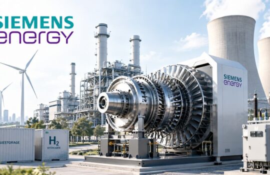 Siemens Energy industrial site with a large turbine/generator, hydrogen storage containers, and wind turbines in the background.