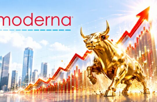 Moderna logo with a gold charging bull and a rising stock chart over a city skyline.