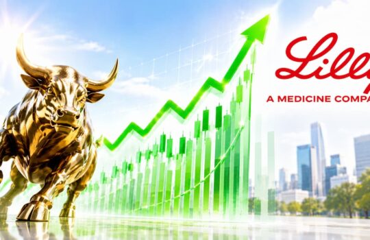 Golden bull statue beside a rising green stock chart, with a city skyline and Lilly branding in the corner