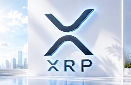 XRP logo on a white wall with a blue glow and a city skyline in the background.
