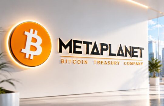 Orange Bitcoin logo and the METAPLANET sign in a bright corporate lobby. (informative)