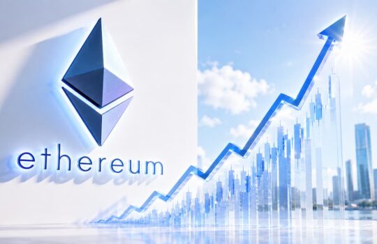 Ethereum logo with a rising blue stock chart and city skyline, signaling crypto growth.